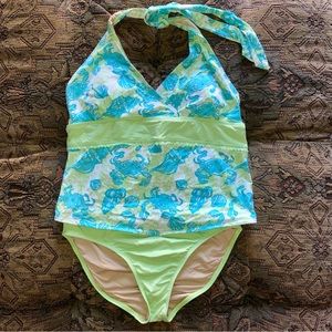 Lilly Pulitzer Tankini Size 6 Vintage White Label Blue Green Crabs Shells